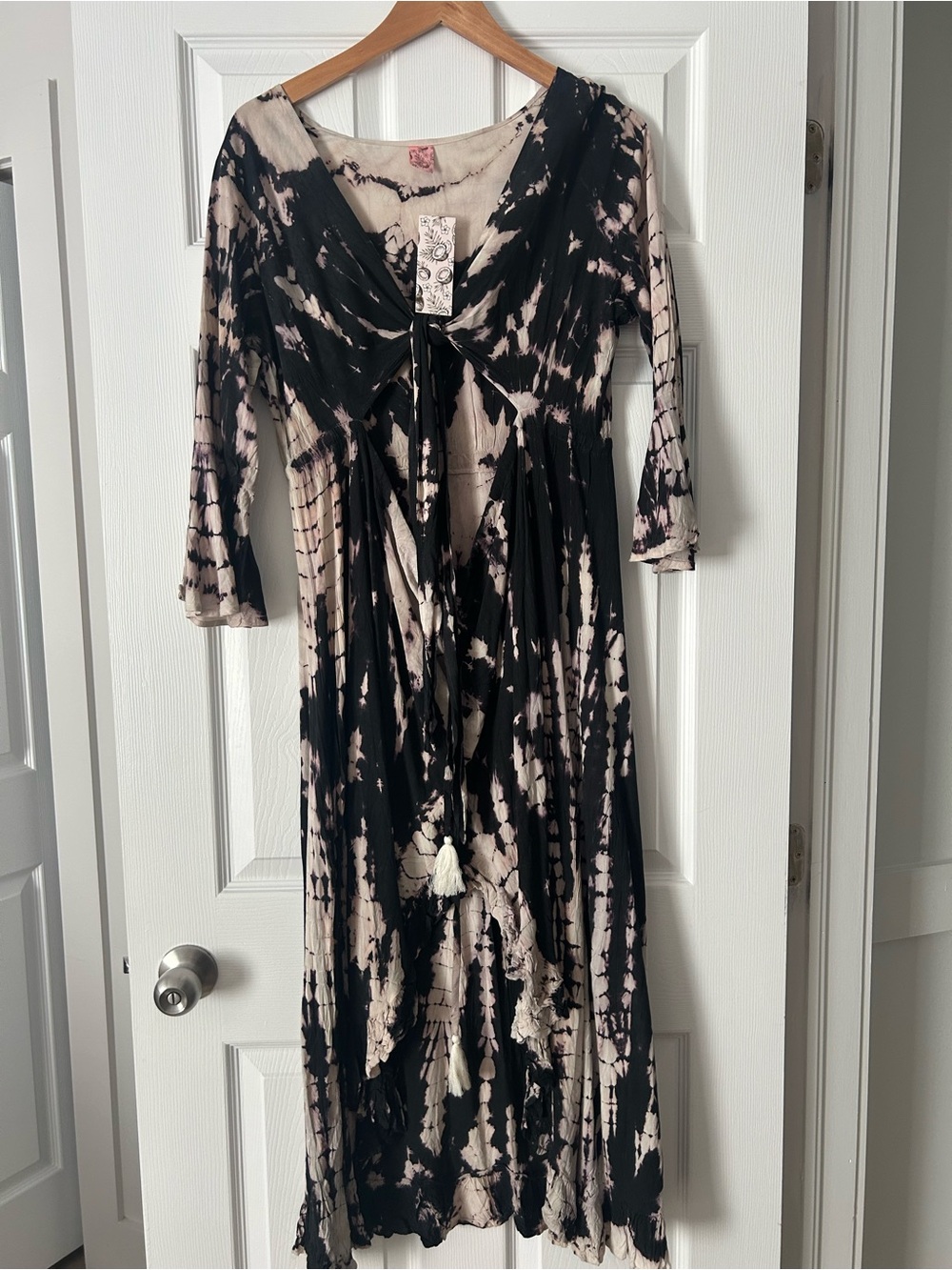 Tie-Dye Black and Cream Midi Dress with Tassel Tie